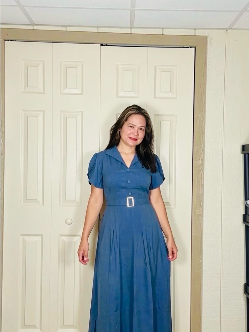 Blue Belted Midi Dress with Vintage Collar